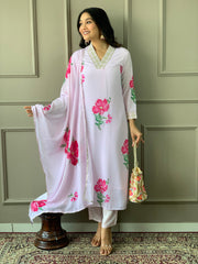 Lavender Embroidered Crepe Kurta with Cotton Inner and Dupatta Set