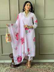 Lavender Embroidered Crepe Kurta with Cotton Inner and Dupatta Set