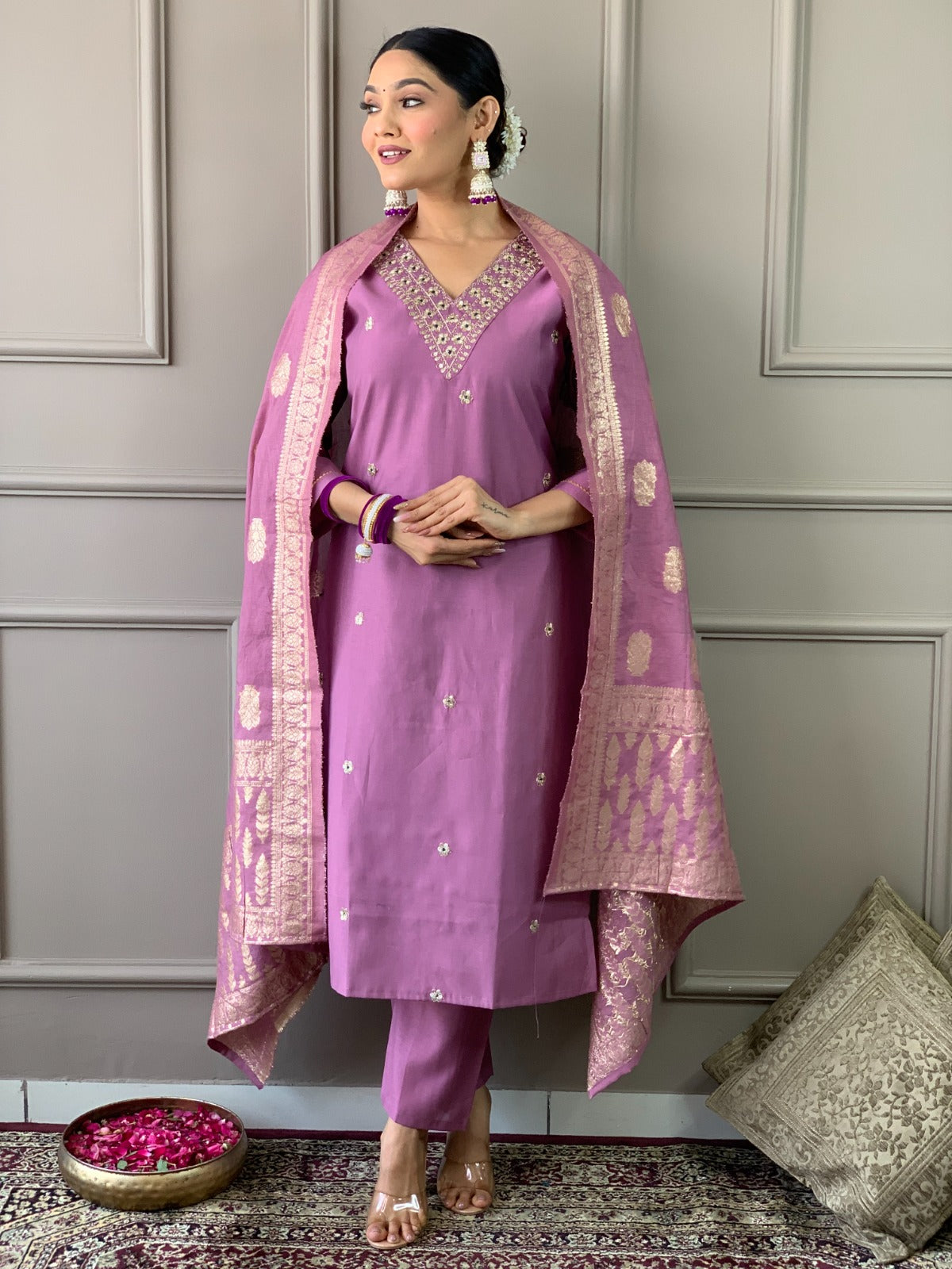 Lavendar Embroidered Kurti Set with Banarasi Dupatta