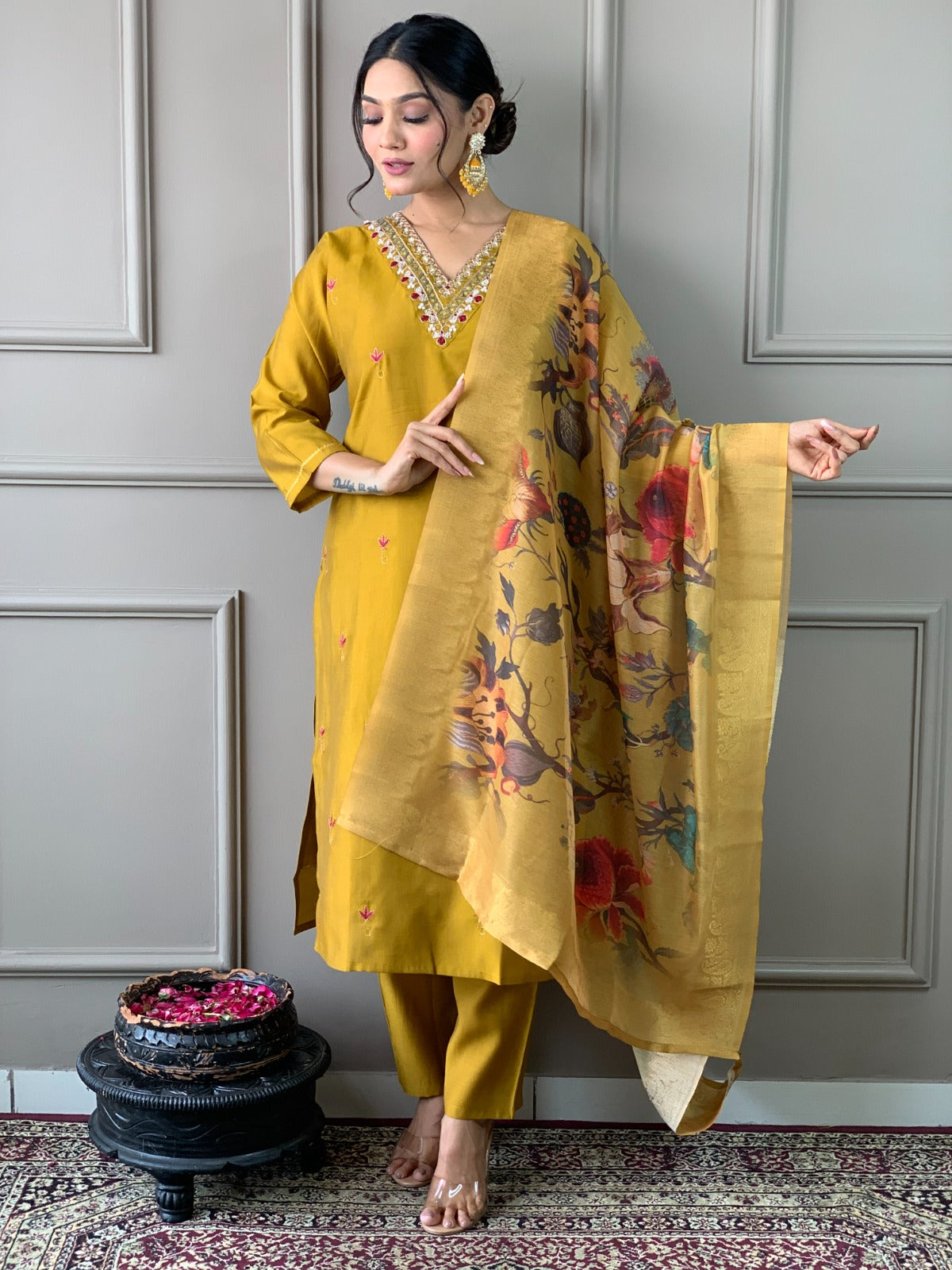 Women Mustard Kurti Set with Beautiful Dupatta