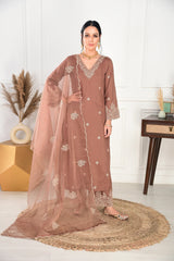 Embroidery Worked Kurta Set in Slub Brown