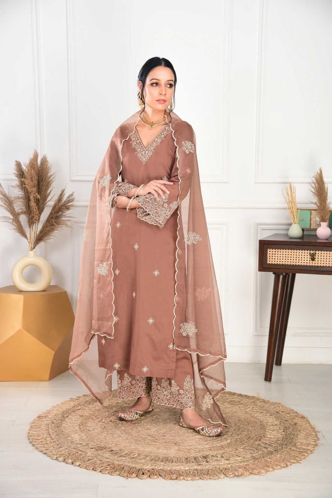 Embroidery Worked Kurta Set in Slub Brown