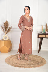 Embroidery Worked Kurta Set in Slub Brown