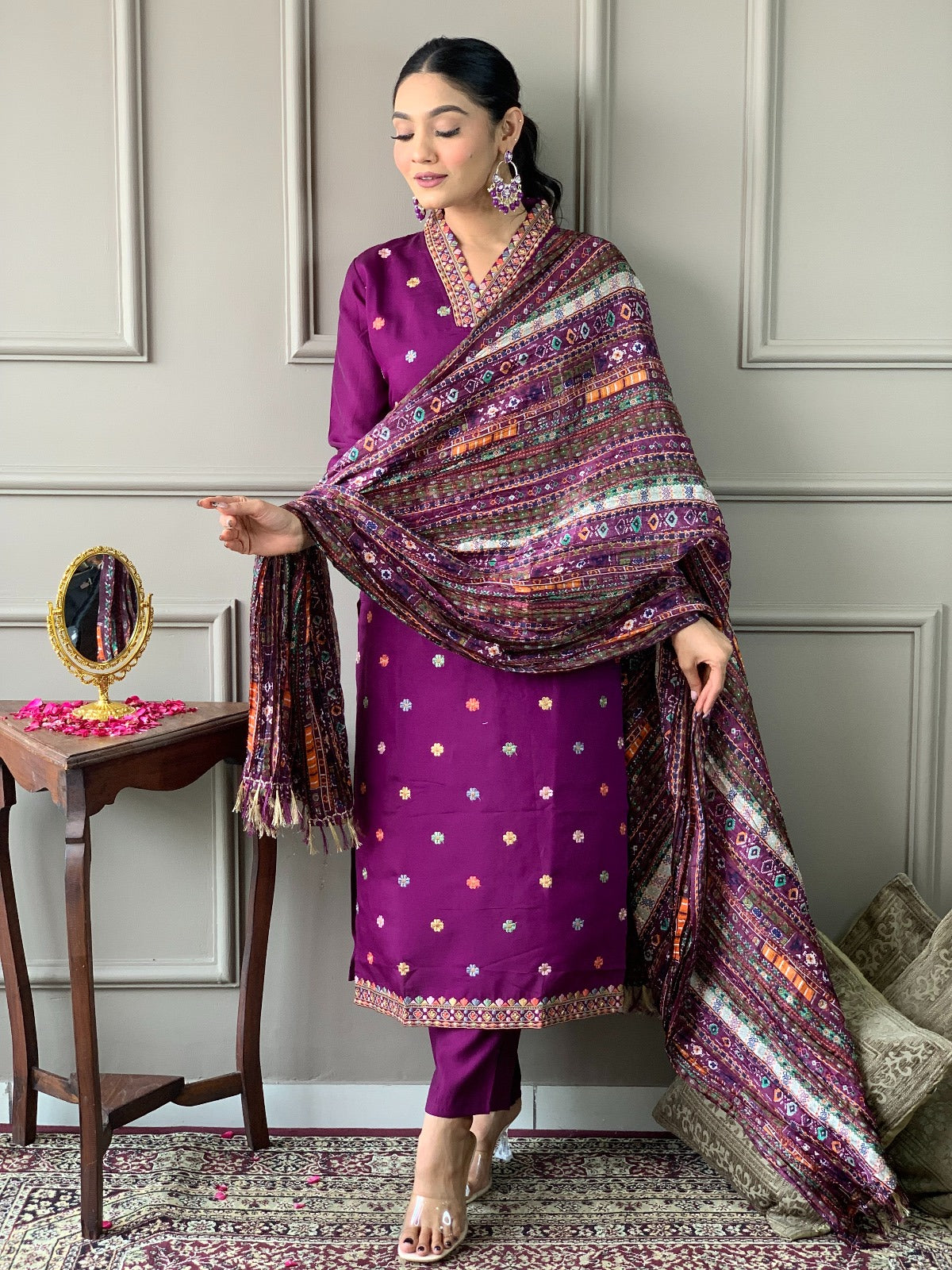 Purple Embroidered Party Wear Kurta Set