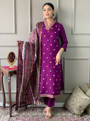 Purple Embroidered Party Wear Kurta Set