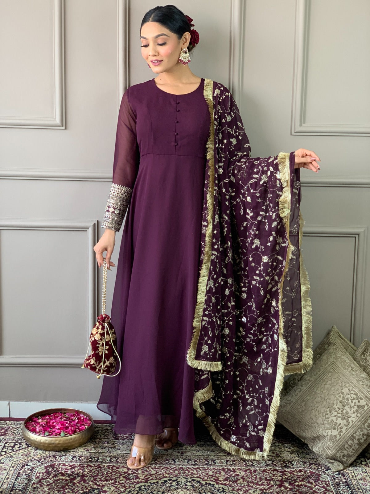 Women Wine Kurti Set with Heavy Dupatta