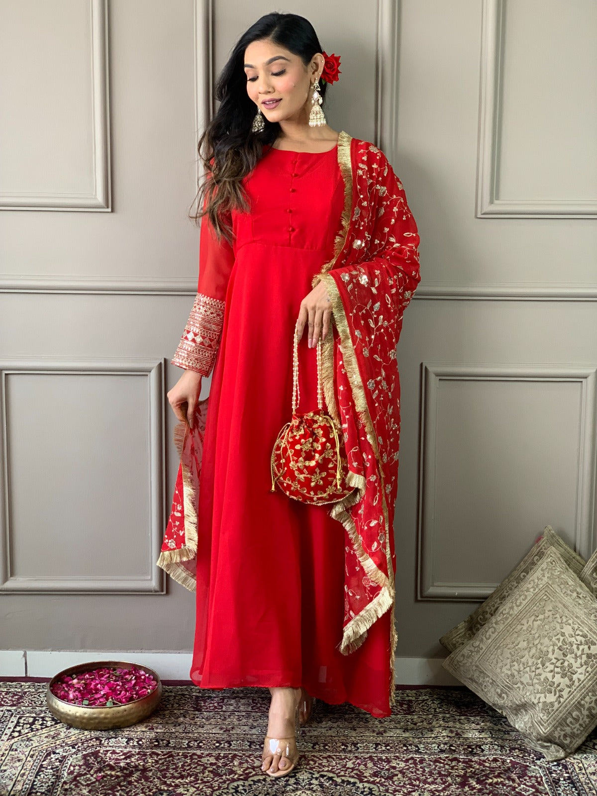 Women Red Kurta Set with Heavy Dupatta