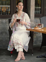 Women Embroidered White Kurti Set with Dupatta