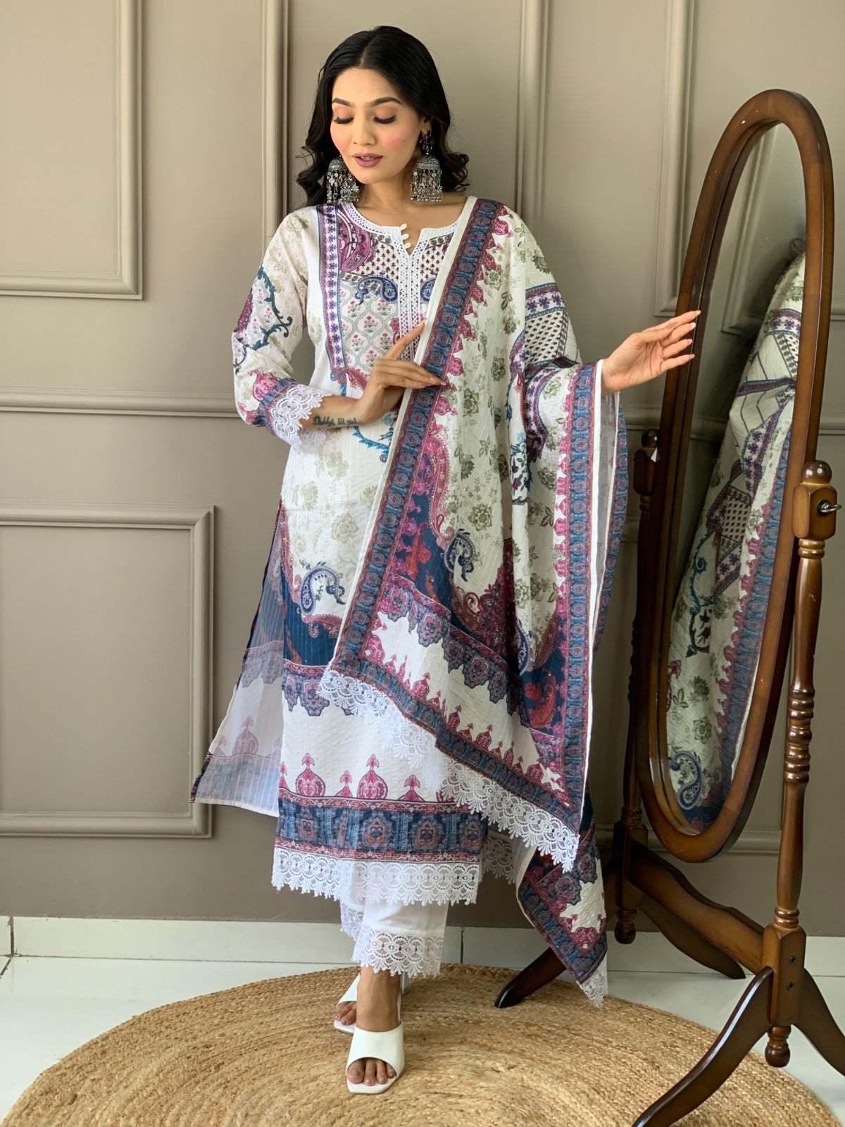 White and Multi-Colored Printed Kurti Set with Lace