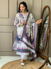 White and Multi-Colored Printed Kurti Set with Lace