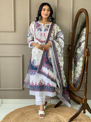 White and Multi-Colored Printed Kurti Set with Lace