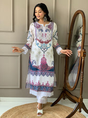 White and Multi-Colored Printed Kurti Set with Lace