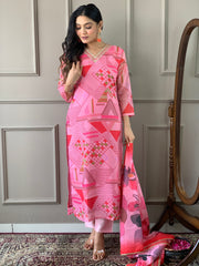 Women Pink Printed Kurti Set with Dupatta