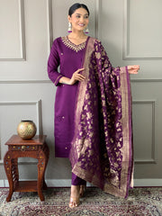 Party Wear Embroidery Worked Kurta Set – Purple Viscose Chanderi