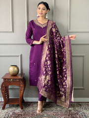 Party Wear Embroidery Worked Kurta Set – Purple Viscose Chanderi