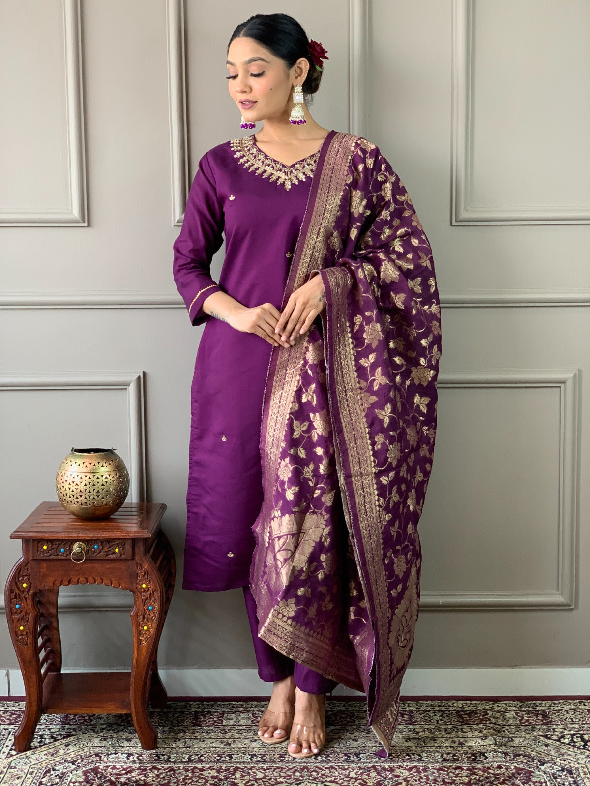 Party Wear Embroidery Worked Kurta Set – Purple Viscose Chanderi