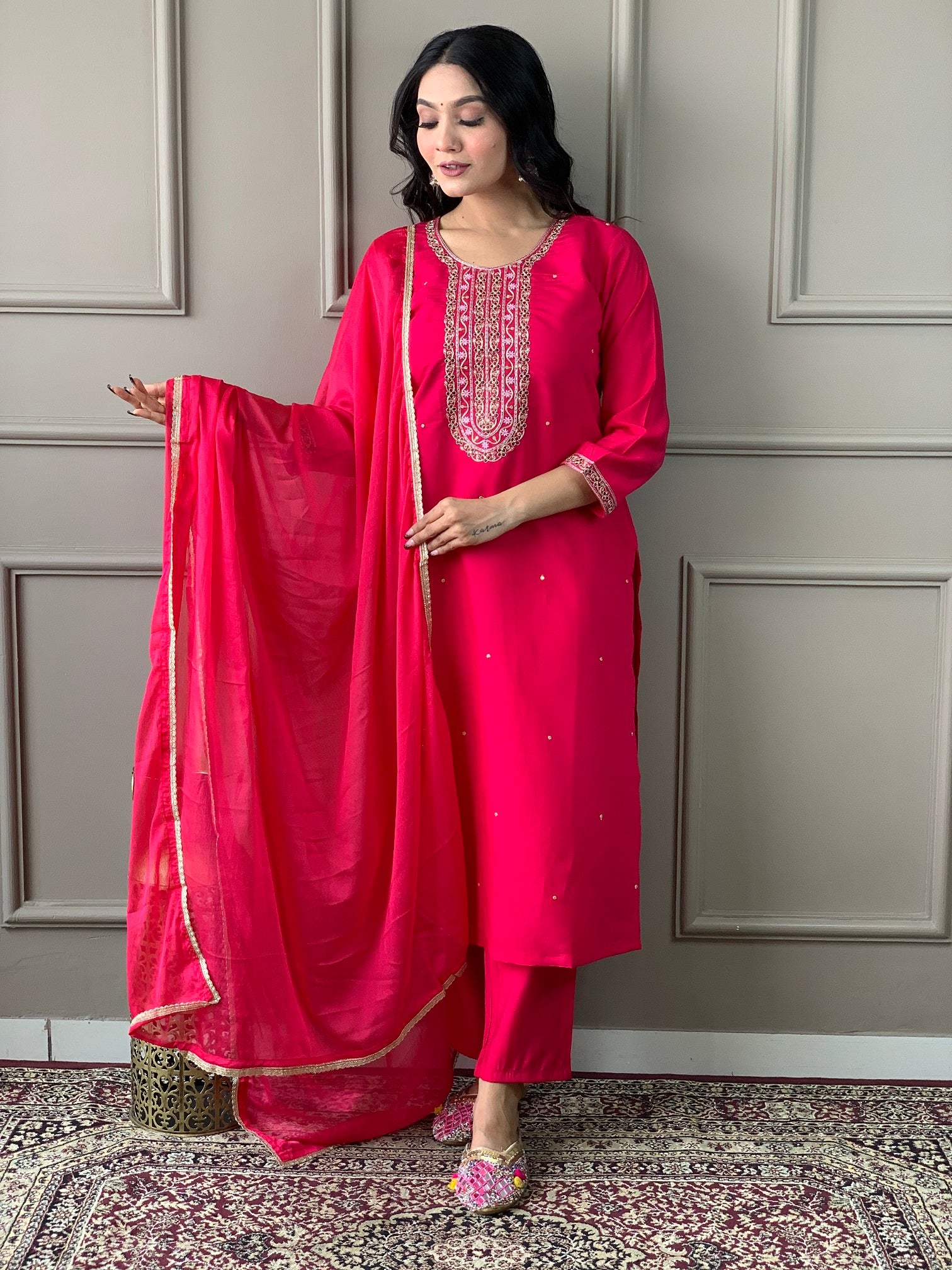 Vibrant Pink Embroidered Kurti Set with Dupatta