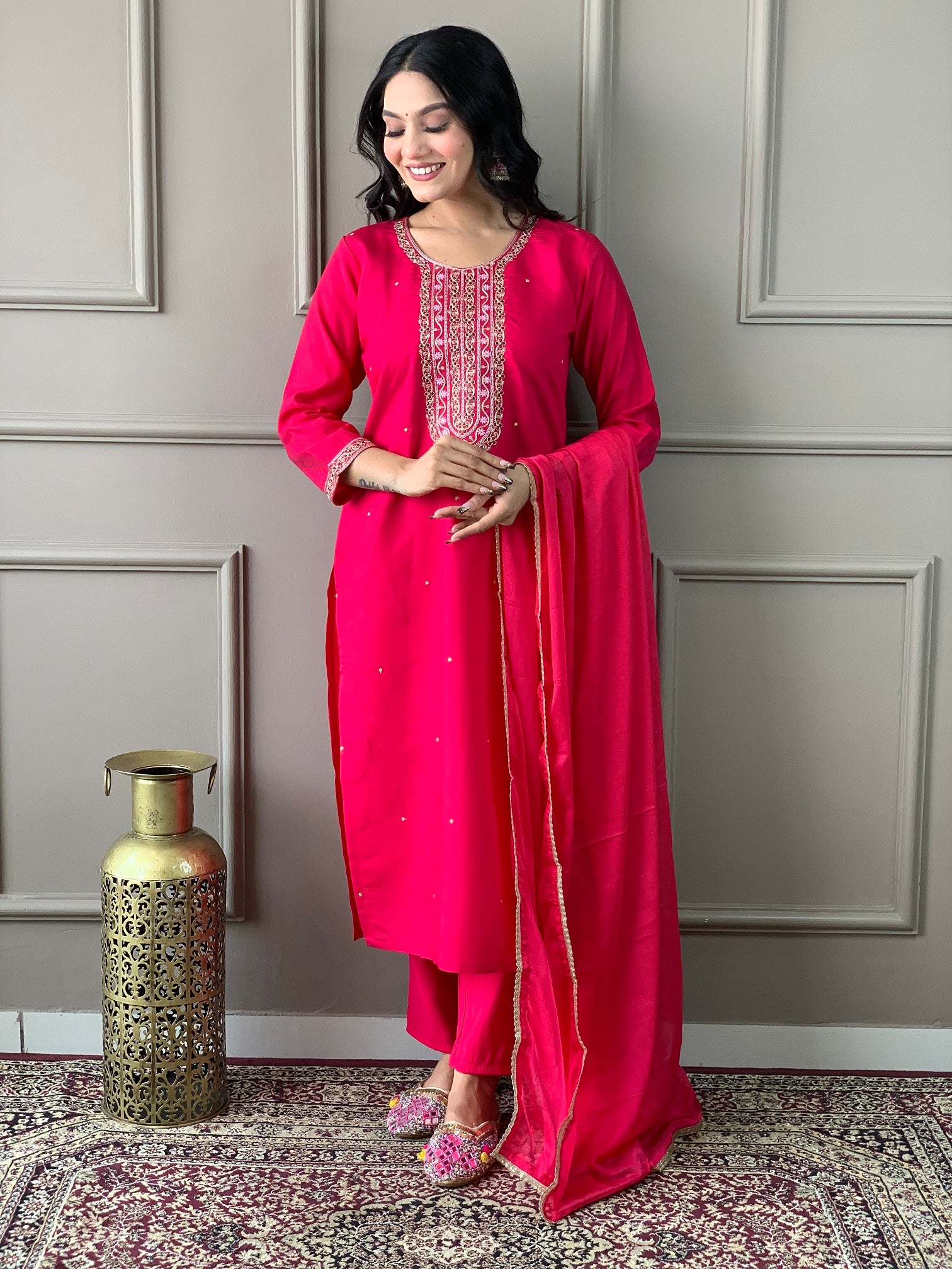 Vibrant Pink Embroidered Kurti Set with Dupatta