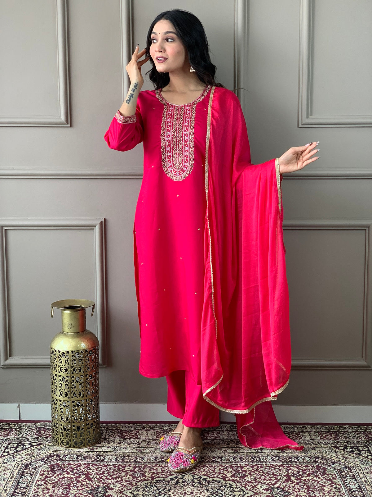 Vibrant Pink Embroidered Kurti Set with Dupatta