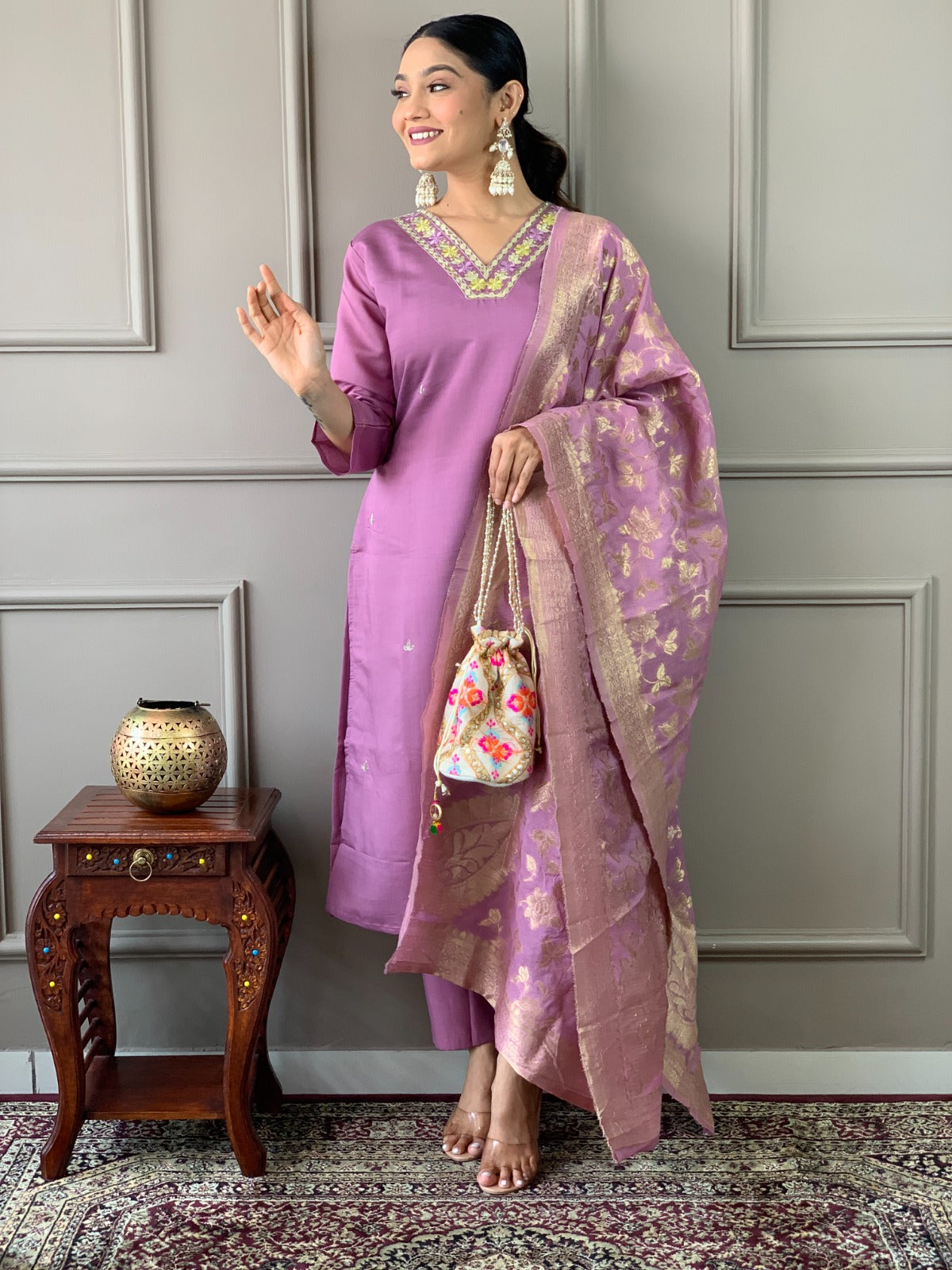 Lavender Silk Kurta Set with Heavy Dupatta