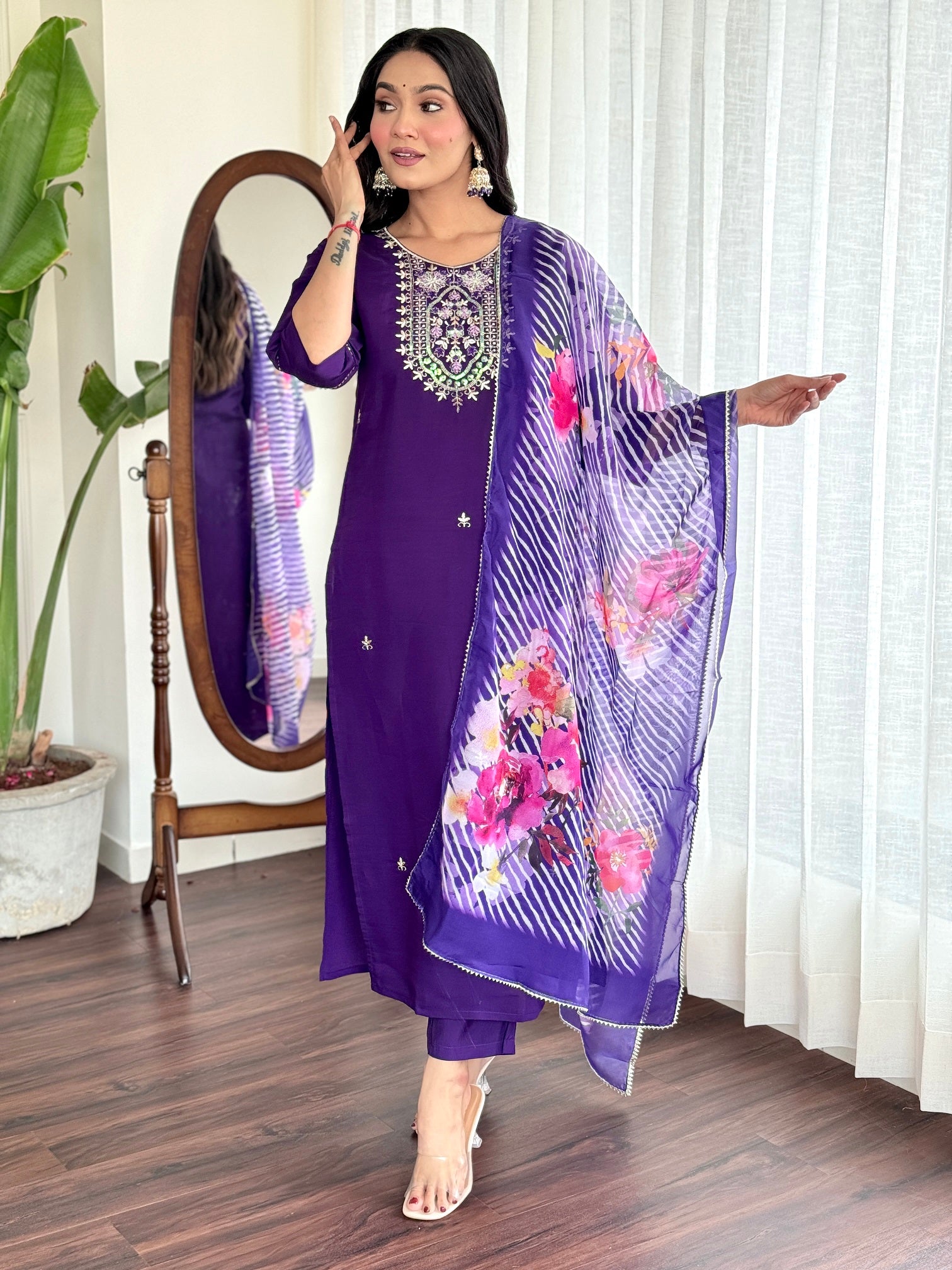 Purple Viscose Chanderi Kurta Set