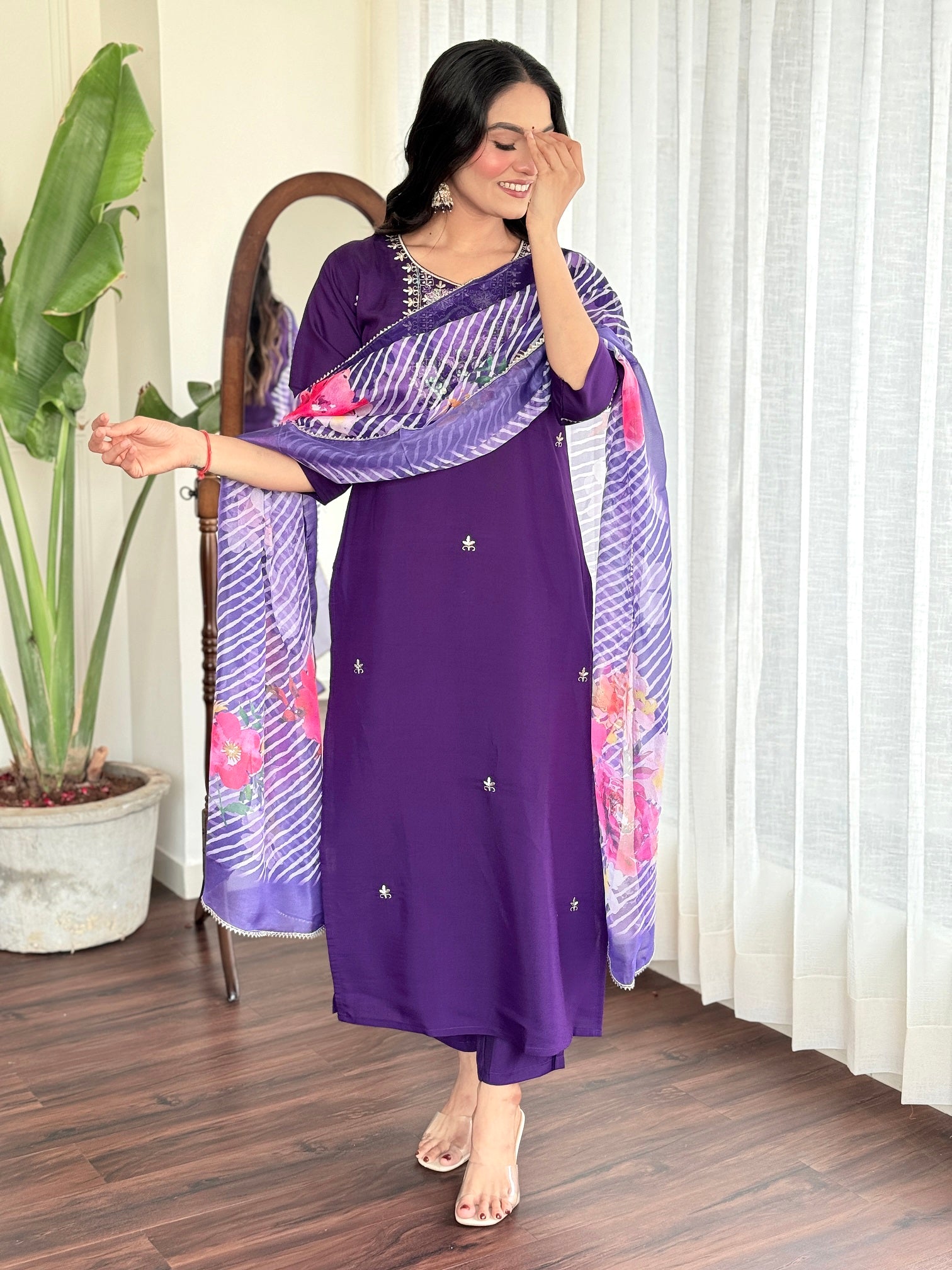 Purple Viscose Chanderi Kurta Set