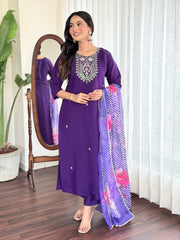 Purple Viscose Chanderi Kurta Set