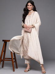 Women Off White Kurti Set with Dupatta