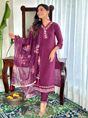 Purple Embroidered Party Wear Kurta Set – Viscose Chanderi Elegance