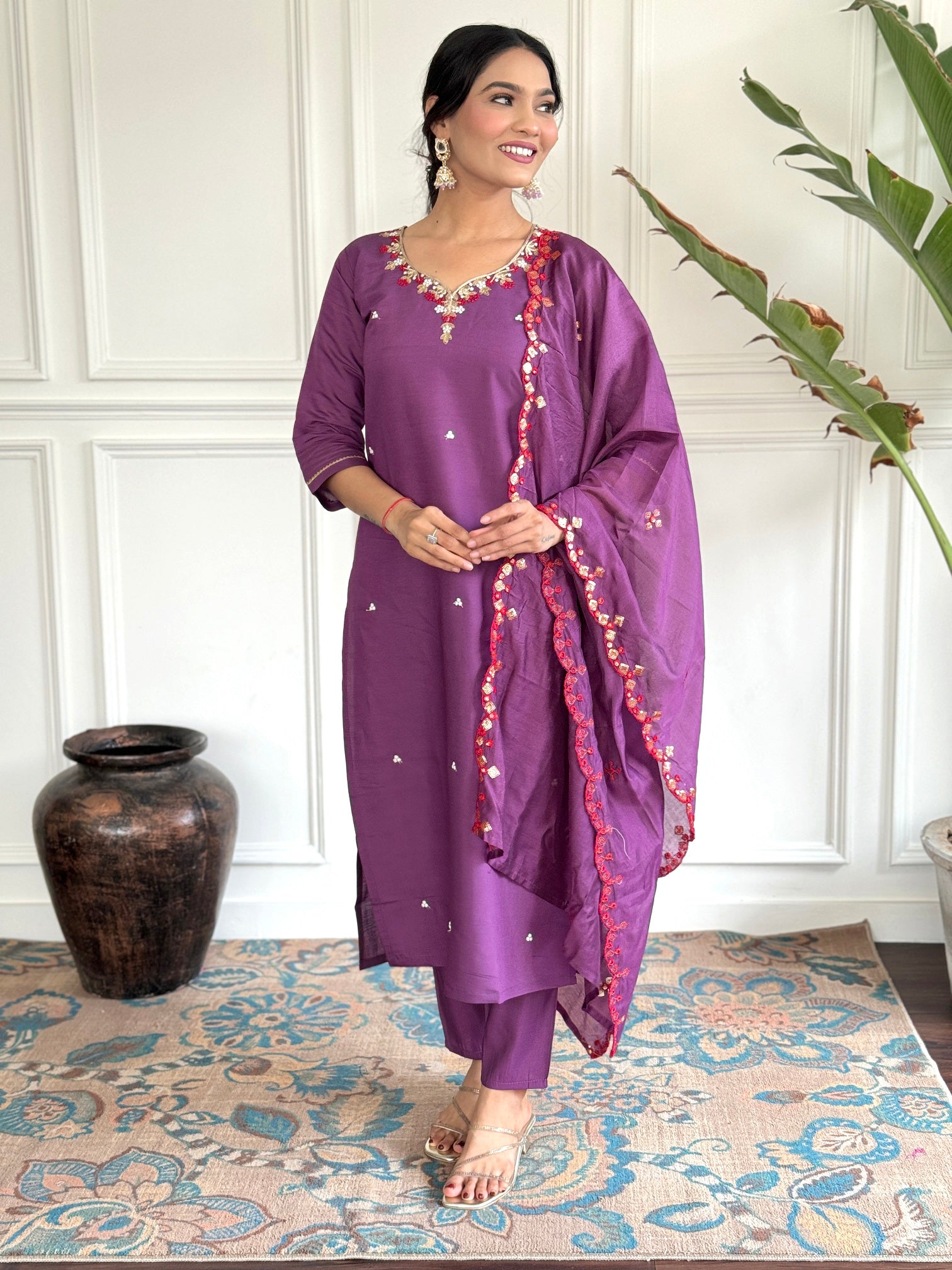 Women Embroidered Purple Kurti Set with Dupatta