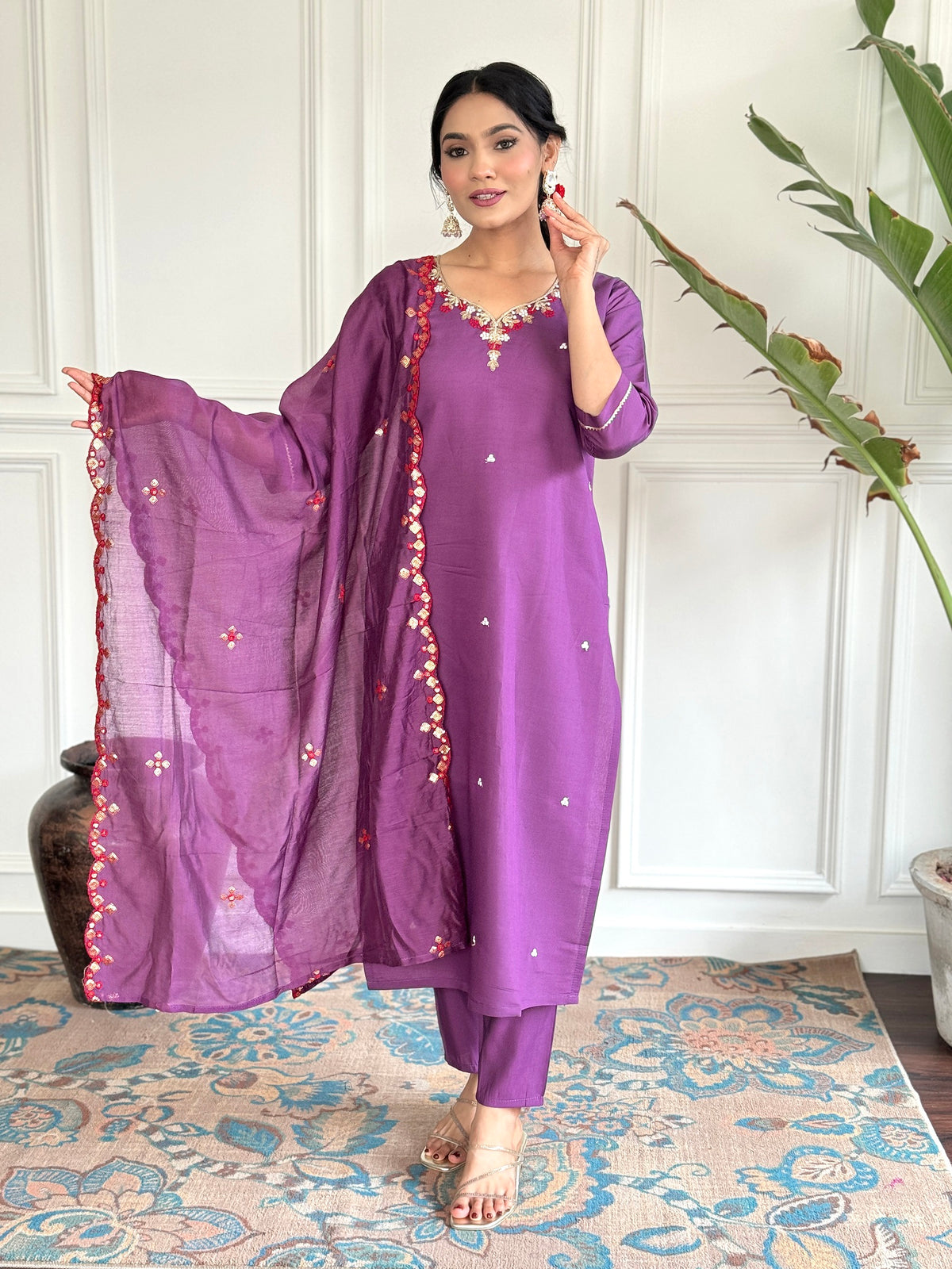 Women Embroidered Purple Kurti Set with Dupatta