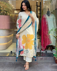 Disigner Off white Kurti Set with Beautiful Dupatta