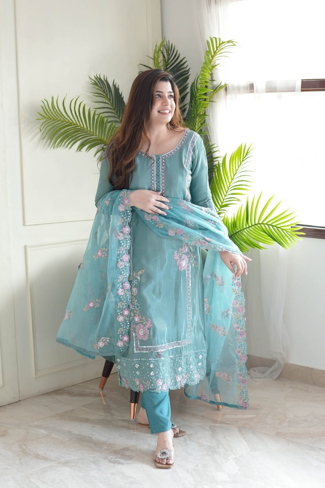 Sky Blue Embroidered Chinnon Kurta Set