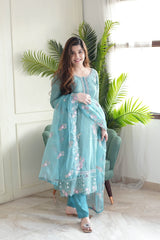 Sky Blue Embroidered Chinnon Kurta Set