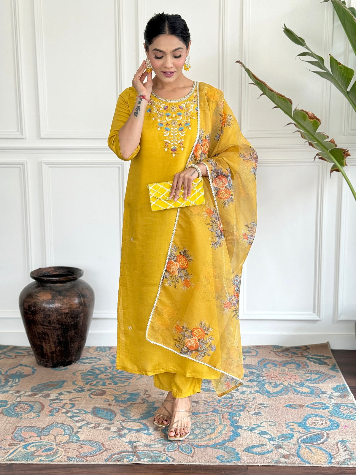 Women Yellow Kurti Set with Floral Dupatta