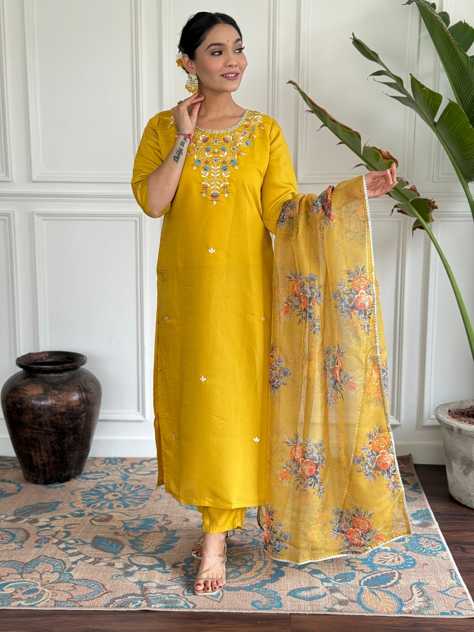 Women Yellow Kurti Set with Floral Dupatta