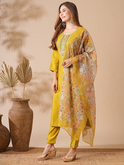 Women Mustard Kurti Set with Floral Dupatta