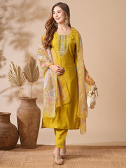 Women Mustard Kurti Set with Floral Dupatta