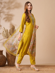 Women Mustard Kurti Set with Floral Dupatta