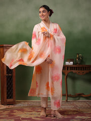 Peach Floral Kurti Set with Dupatta