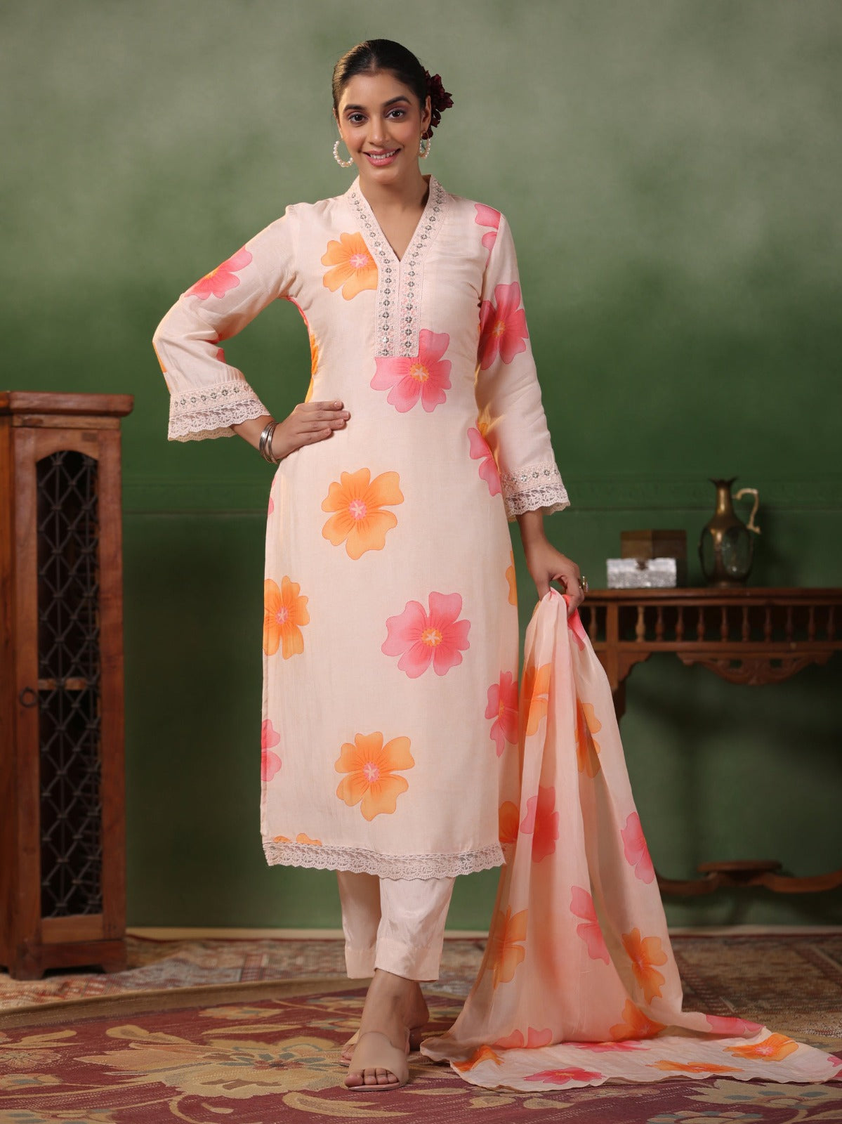 Peach Floral Kurti Set with Dupatta