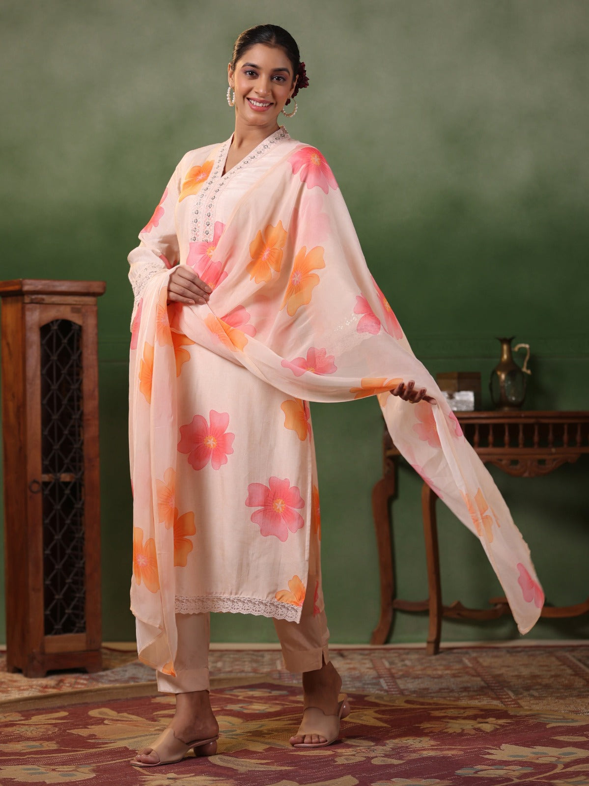 Peach Floral Kurti Set with Dupatta