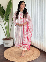 Graceful White and Pink Kurti Set with Floral Dupatta