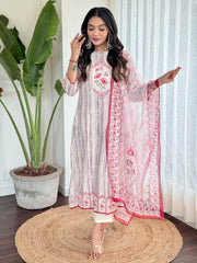 Graceful White and Pink Kurti Set with Floral Dupatta