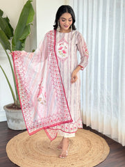 Graceful White and Pink Kurti Set with Floral Dupatta