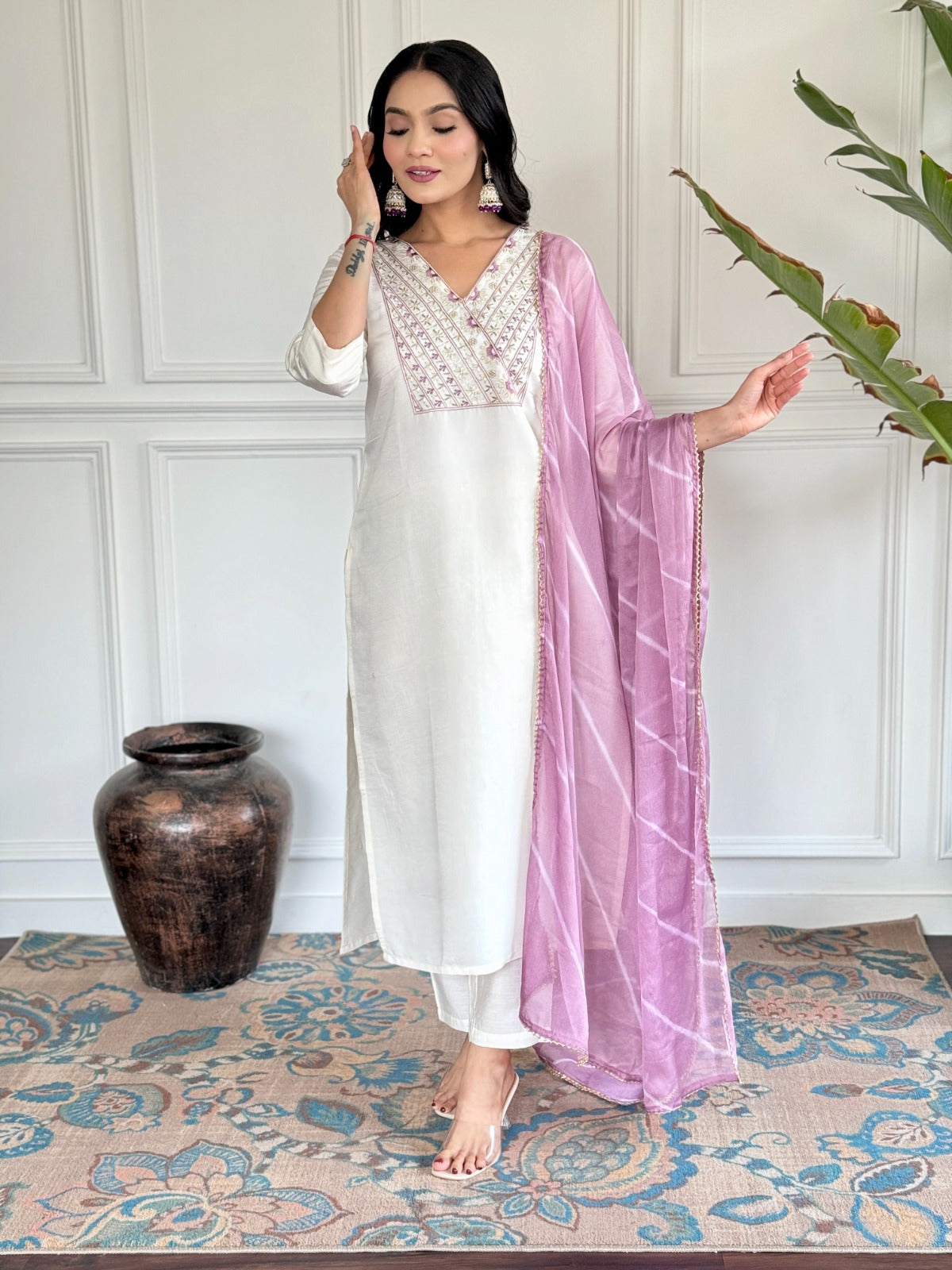 Off-White Embroidered Party Wear Kurta Set with Pant and Dupatta