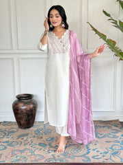 Off-White Embroidered Party Wear Kurta Set with Pant and Dupatta