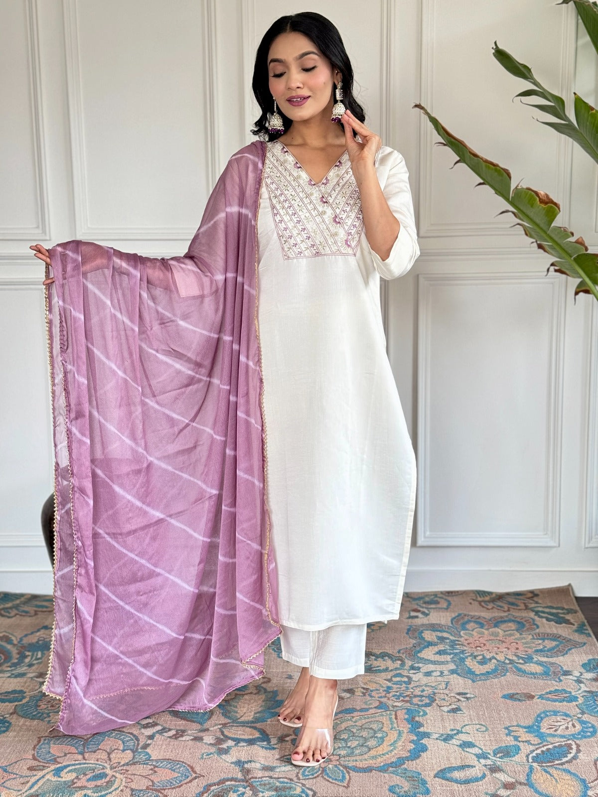 Off-White Embroidered Party Wear Kurta Set with Pant and Dupatta