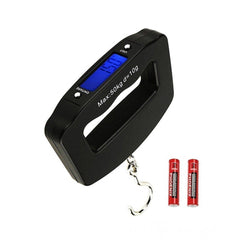 Black digital luggage scale with LCD backlight.